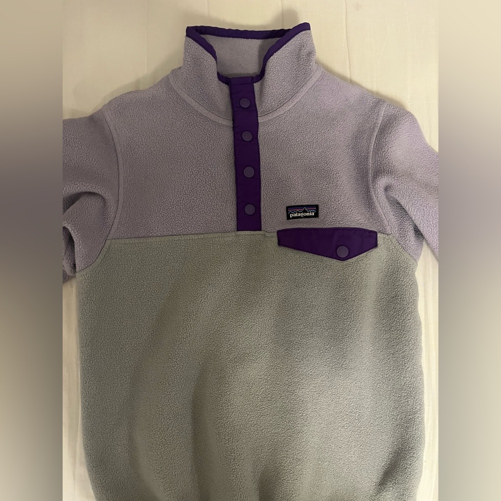 purple and gray kids patagonia sweatshirt